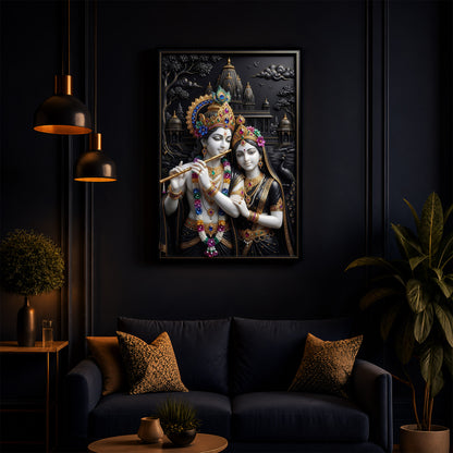 Radha Krishna With Floral Garlands Modern Luxury Backlight Vertical Wall Art