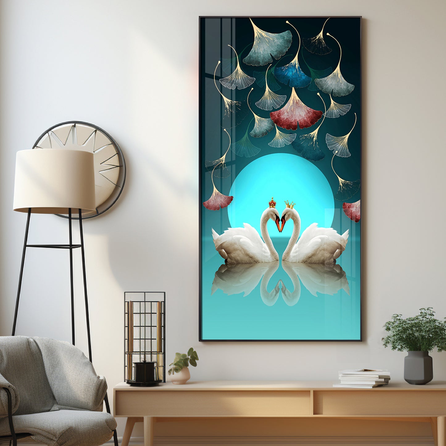 Couple Swan With Ginkgo Leaves Premium Acrylic Vertical Wall Art