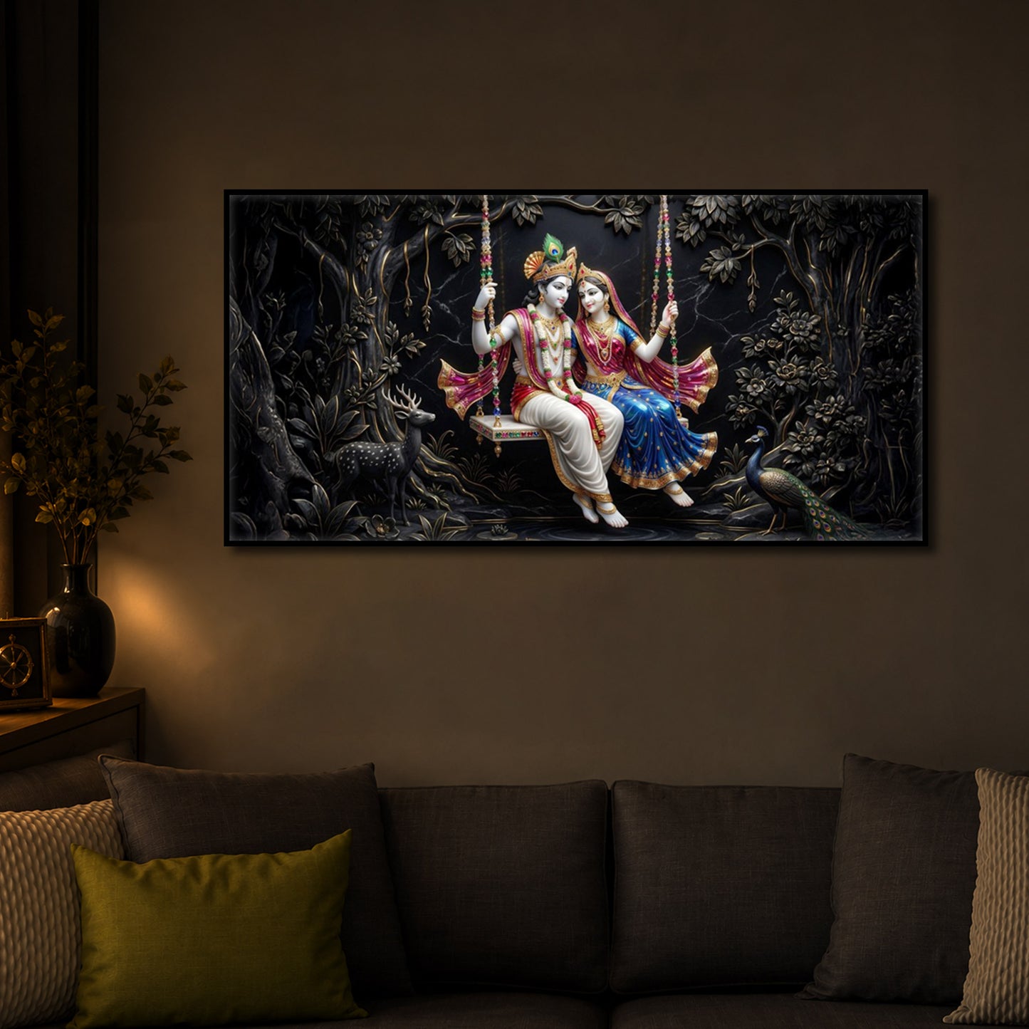 Radha Krishna Swing Modern Luxury Backlight Horizontal Wall Art