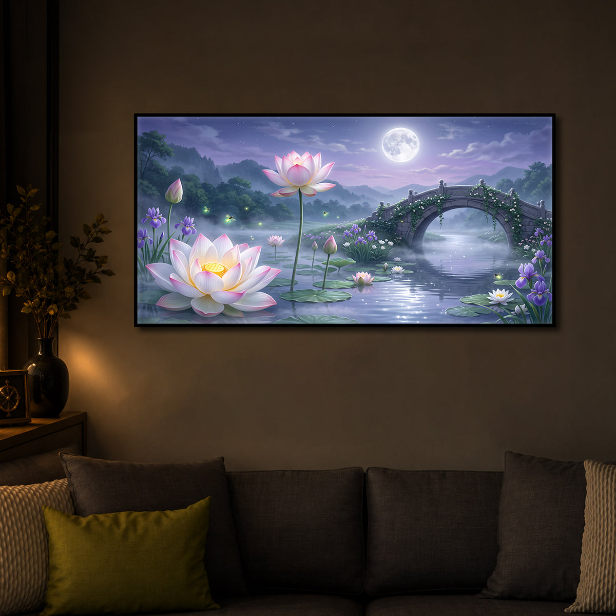 Moonlit Lotus Bridge Modern Luxury Backlight Horizontal Wall Art