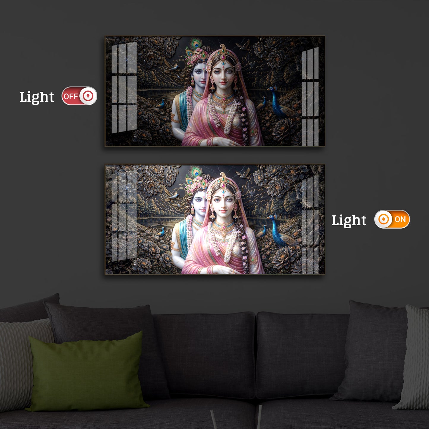 Blissful Radha Krishna Modern Luxury Backlight Horizontal Wall Art