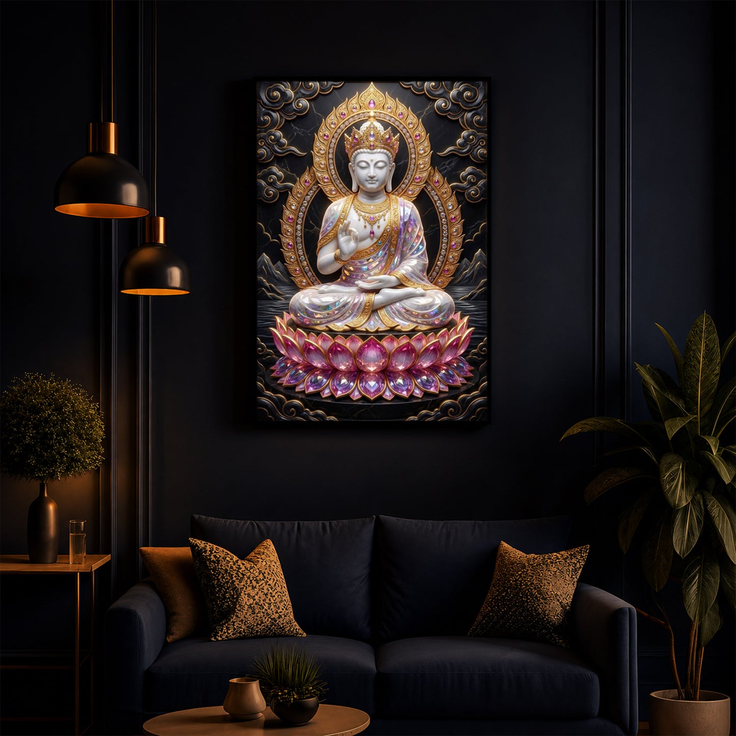 Buddha Seated On A Pink Lotus Modern Luxury Backlight Vertical Wall Art