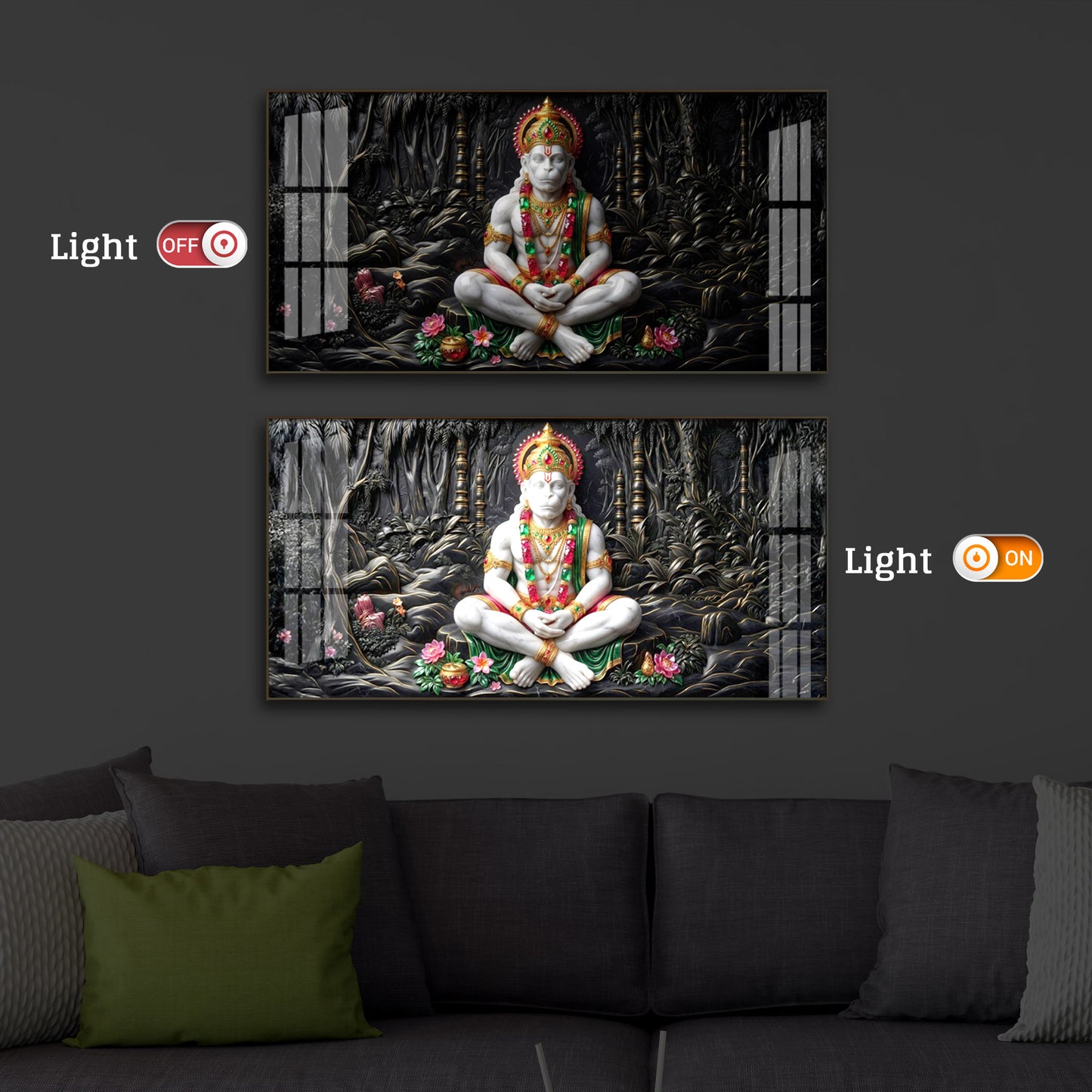 Lord Hanuman Modern Luxury Backlight Horizontal Wall Art