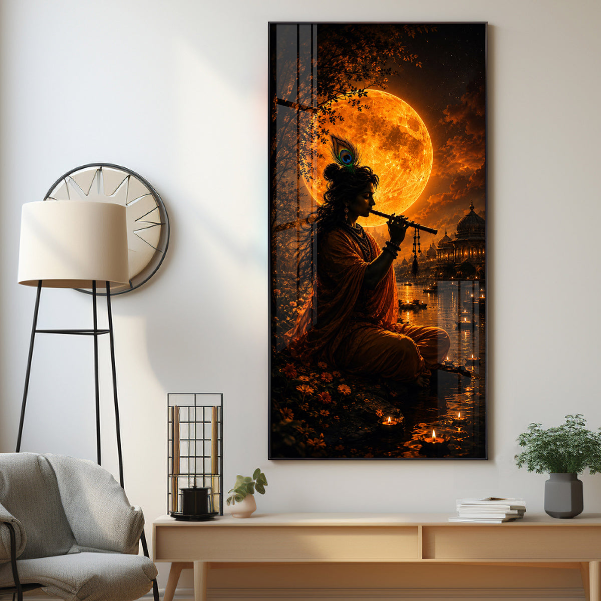 Lord Krishna Under Golden Full Moon Premium Acrylic Vertical Wall Art