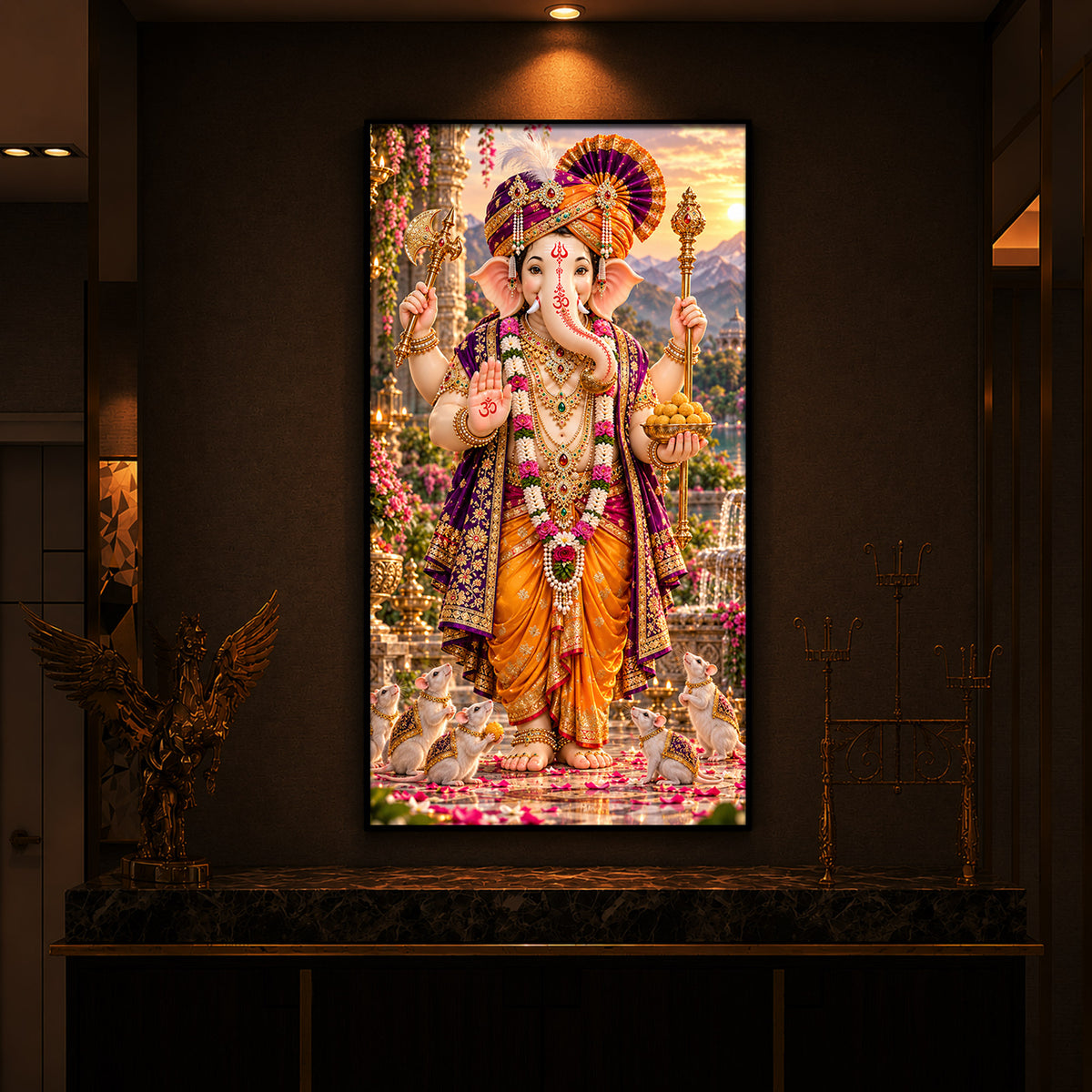 Lord Ganesha with Mushak Modern Luxury Backlight Vertical Wall Art