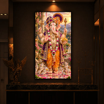 Lord Ganesha with Mushak Modern Luxury Backlight Vertical Wall Art