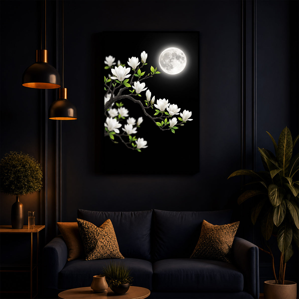 Moonlit White Magnolia Modern Luxury Backlight Vertical Wall Art