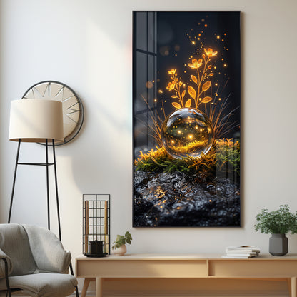 Glowing Crystal Orb & Golden Flowers Premium Acrylic Vertical Wall Art