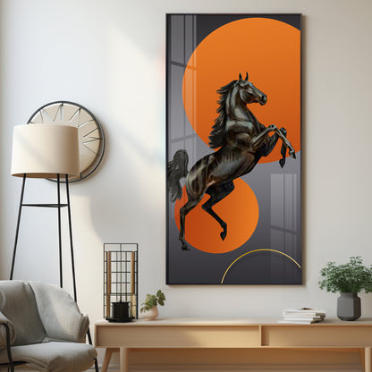 Black Horse With Vibrant Orange Background Premium Acrylic Vertical Wall Art