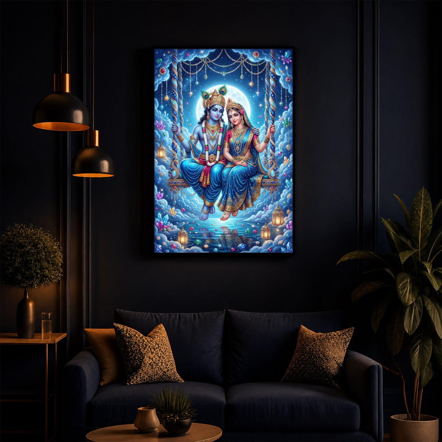 Hindu Deities Radha Krishna Modern Luxury Backlight Vertical Wall Art