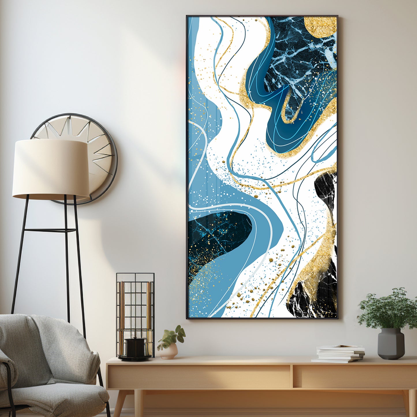 Stylized Fans In Gold & Blue Tones Premium Acrylic Vertical Wall Art
