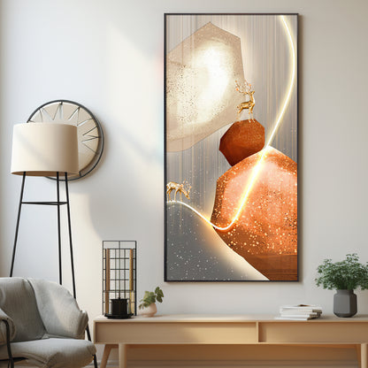 Golden Deer With Orange Rock Premium Acrylic Vertical Wall Art