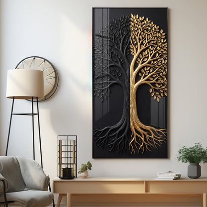 Dual Tone Black and Metallic Gold Tree Premium Acrylic Vertical Wall Art