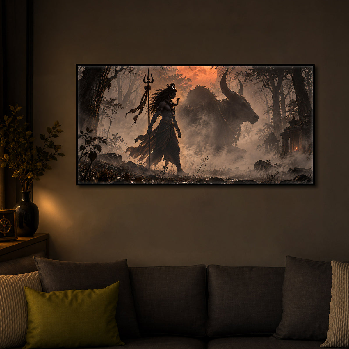 Shiva & Nandi In Forest Modern Luxury Backlight Horizontal Wall Art