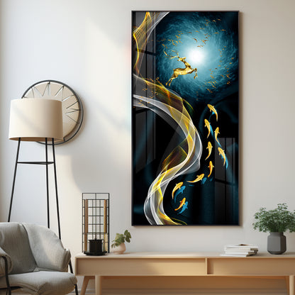 Golden Deer & Fish Premium Acrylic Vertical Wall Art