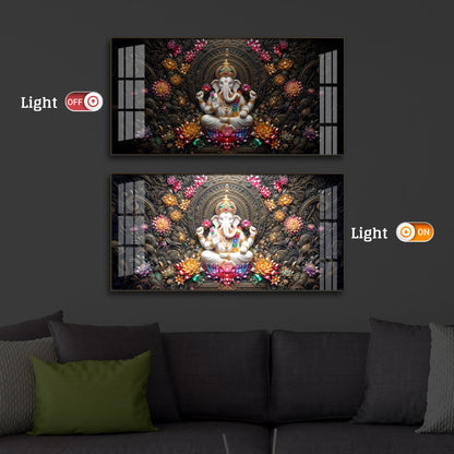 Lord Ganesha Blooming Lotuses Modern Luxury Backlight Horizontal Wall Art
