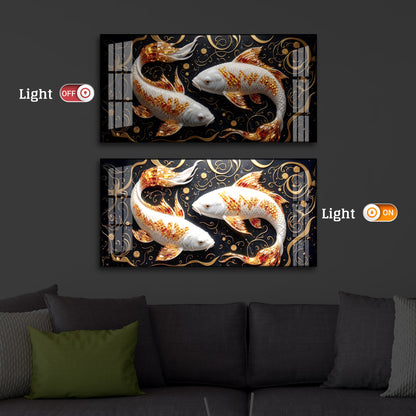 Two Golden Koi Fish Modern Luxury Backlight Horizontal Wall Art