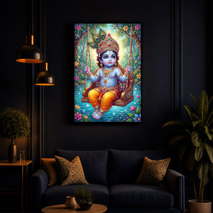 Divine Lord Krishna Modern Luxury Backlight Vertical Wall Art