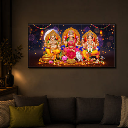 Lord Kubera,Goddess Lakshmi & Lord Ganesha Modern Luxury Backlight Horizontal Wall Art