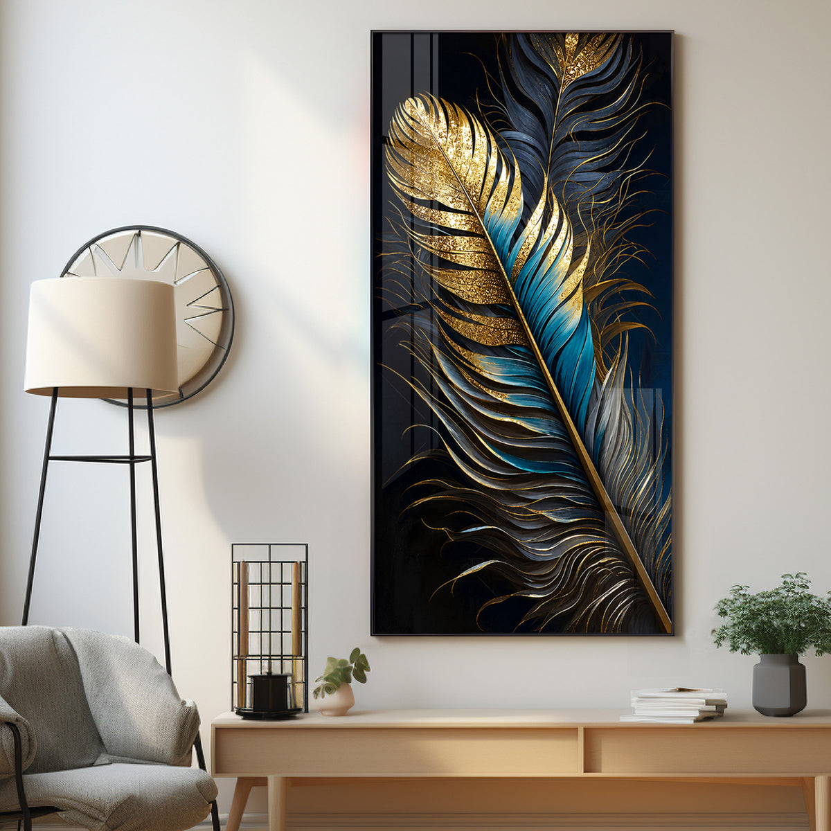 Luxurious Golden & Blue Feathers Premium Acrylic Vertical Wall Art