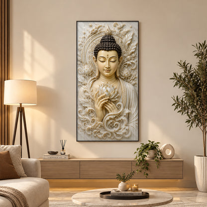 Serene Buddha White Lotus Premium Acrylic Vertical Wall Art
