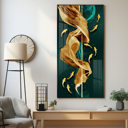 Fish & Flowing Gold Layer Premium Acrylic Vertical Wall Art