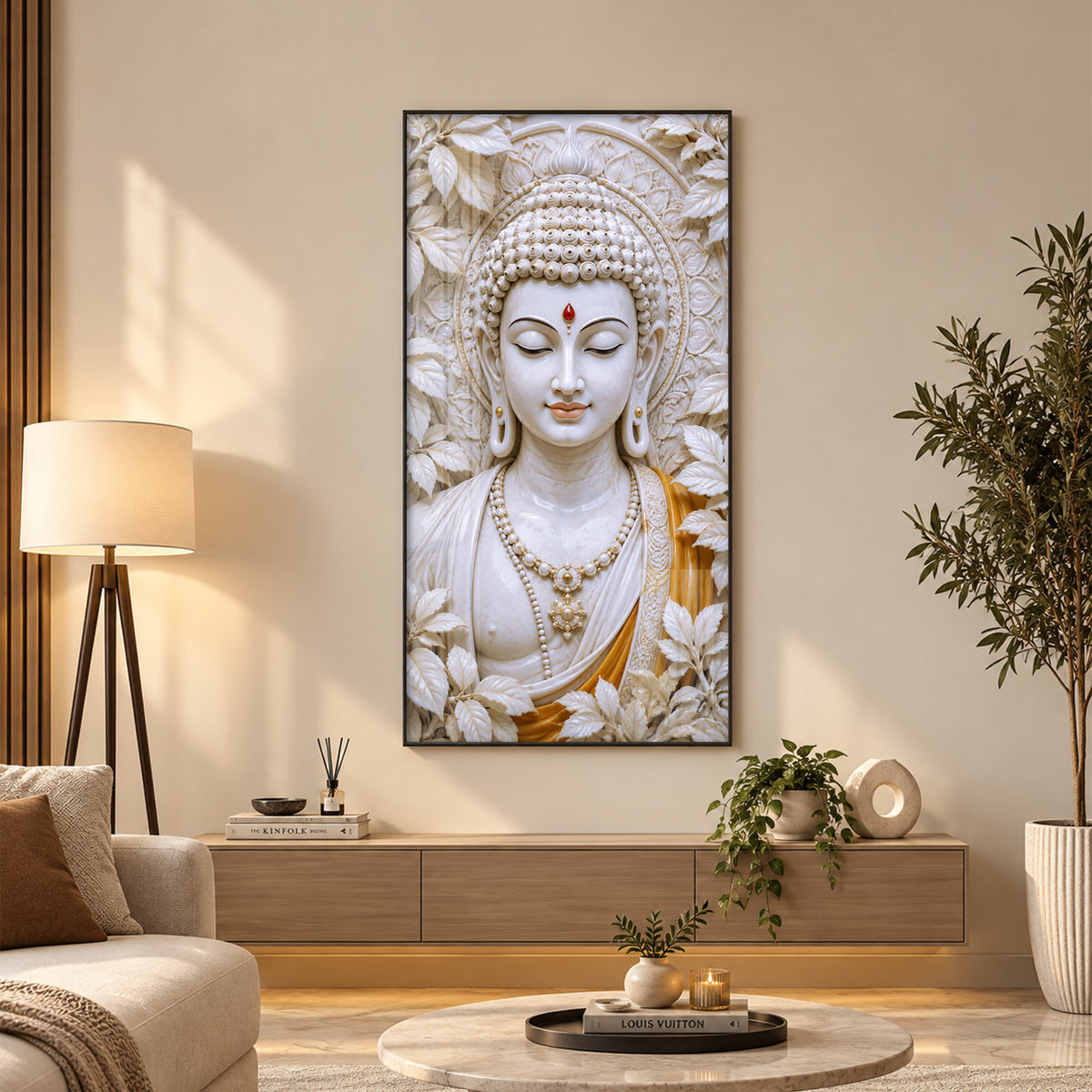 Meditating White Buddha Premium Acrylic Vertical Wall Art