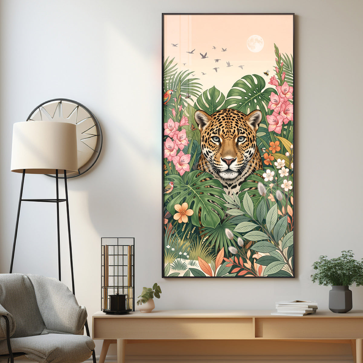 Tropical Jungle Leopard & Floral Leaves Premium Acrylic Vertical Wall Art