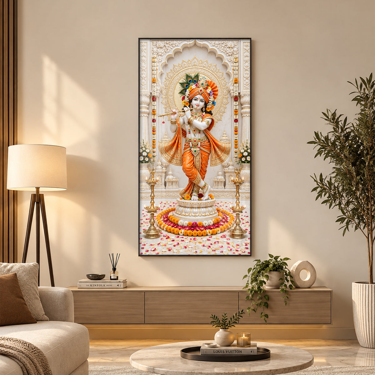 Shri Krishna In Orange Poshak Premium Acrylic Vertical Wall Art