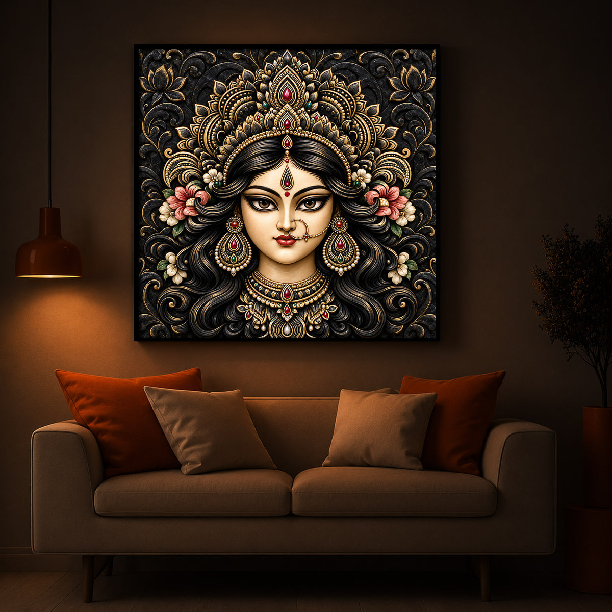 Divine Face of Durga Modern Luxury Backlight Square Wall Art