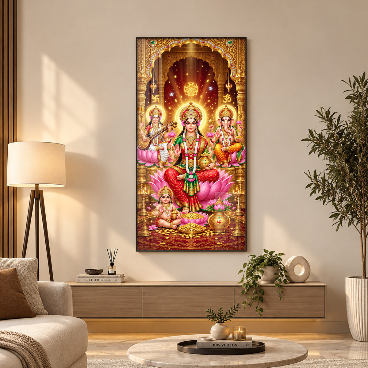Maa Laxmi, Saraswati and Ganesh Ji Premium Acrylic Vertical Wall Art