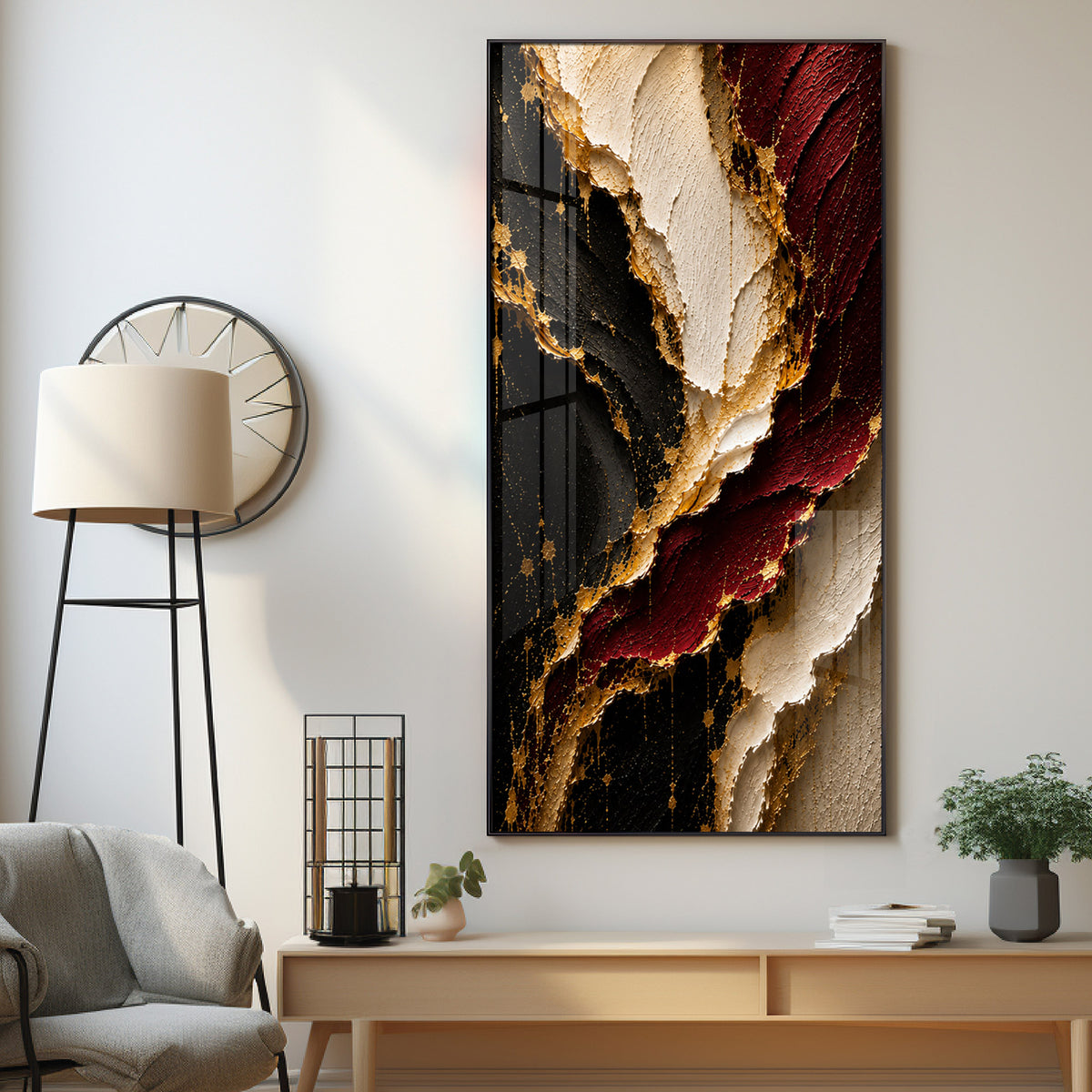 Luxurious Textured Abstract Maroon Black & Gold Premium Acrylic Vertical Wall Art