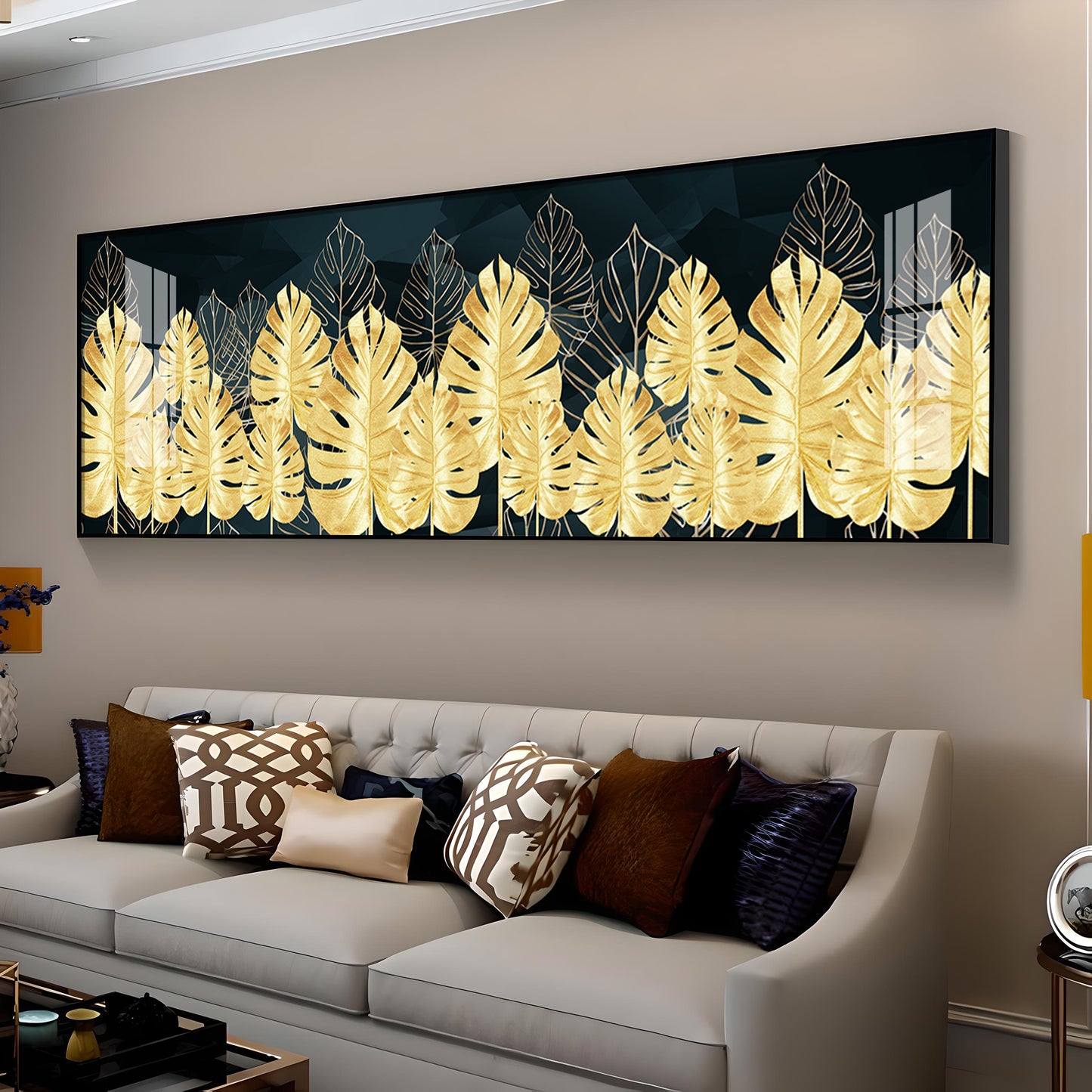Golden Monstera Leaf Premium Acrylic Horizontal Wall Art