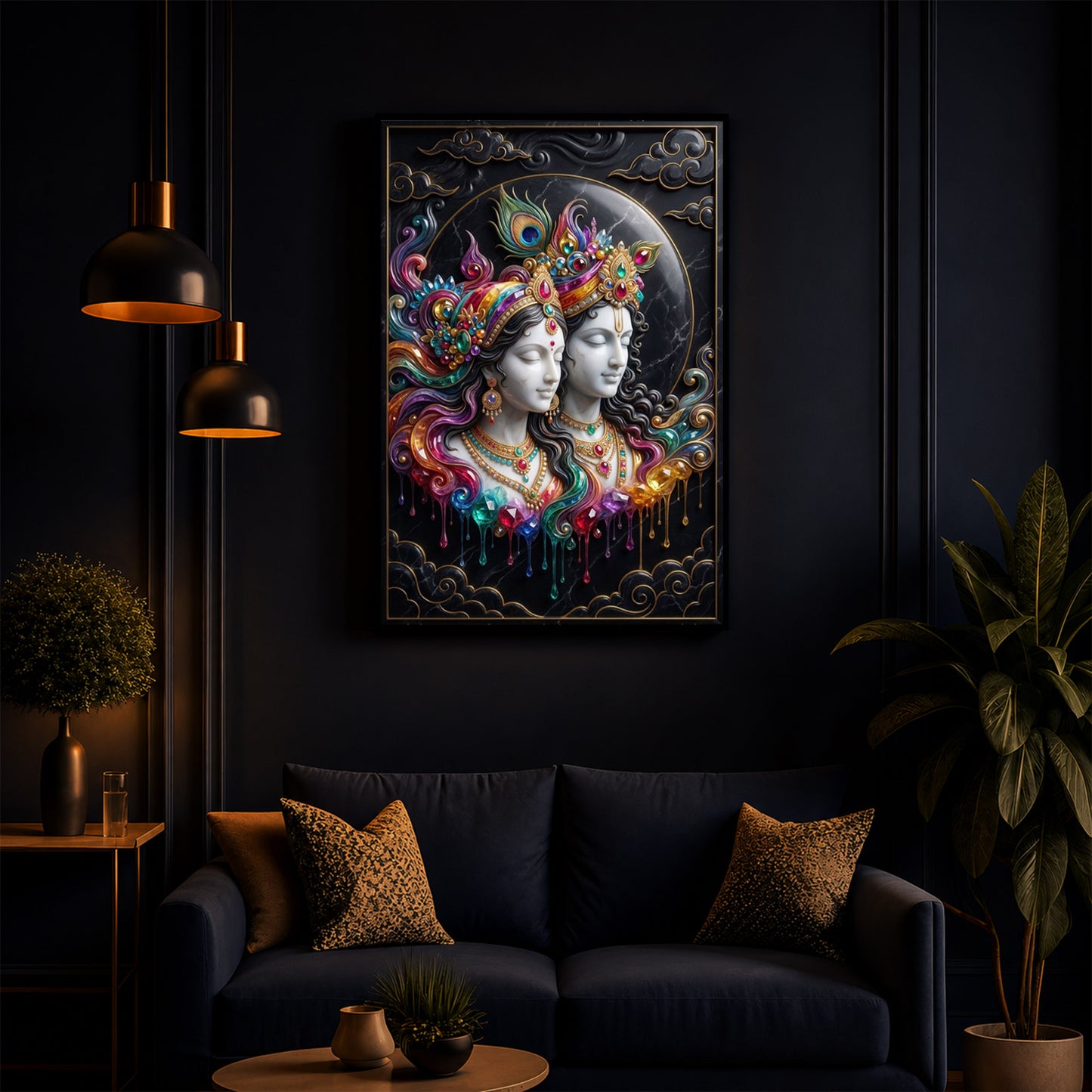 Shri Radha Krishna Modern Luxury Backlight Vertical Wall Art