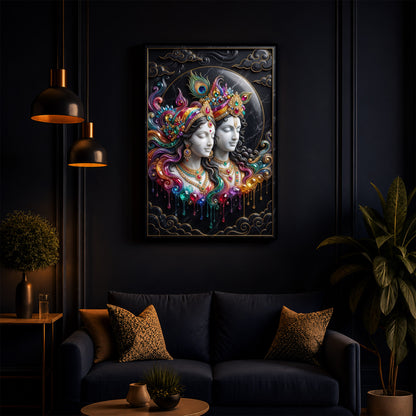 Shri Radha Krishna Modern Luxury Backlight Vertical Wall Art