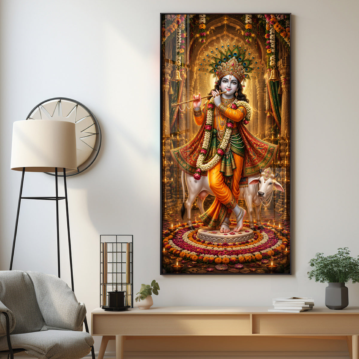 Divine Lord Krishna with Kamadhenu Cow Premium Acrylic Vertical Wall Art