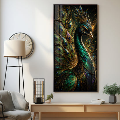 Majestic Jewel Toned Peacock Feather Premium Acrylic Vertical Wall Art