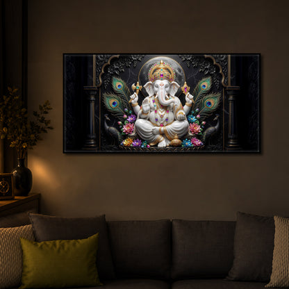Lord Ganesha With Peacock Feather Modern Luxury Backlight Horizontal Wall Art