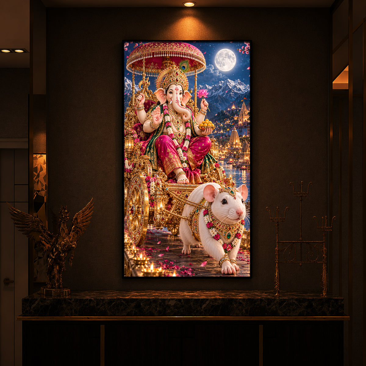 Ganapati Bappa Divine Rath Modern Luxury Backlight Vertical Wall Art