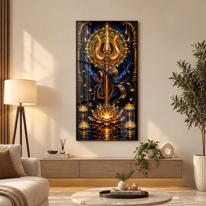 Divine Golden Trishul Premium Acrylic Vertical Wall Art