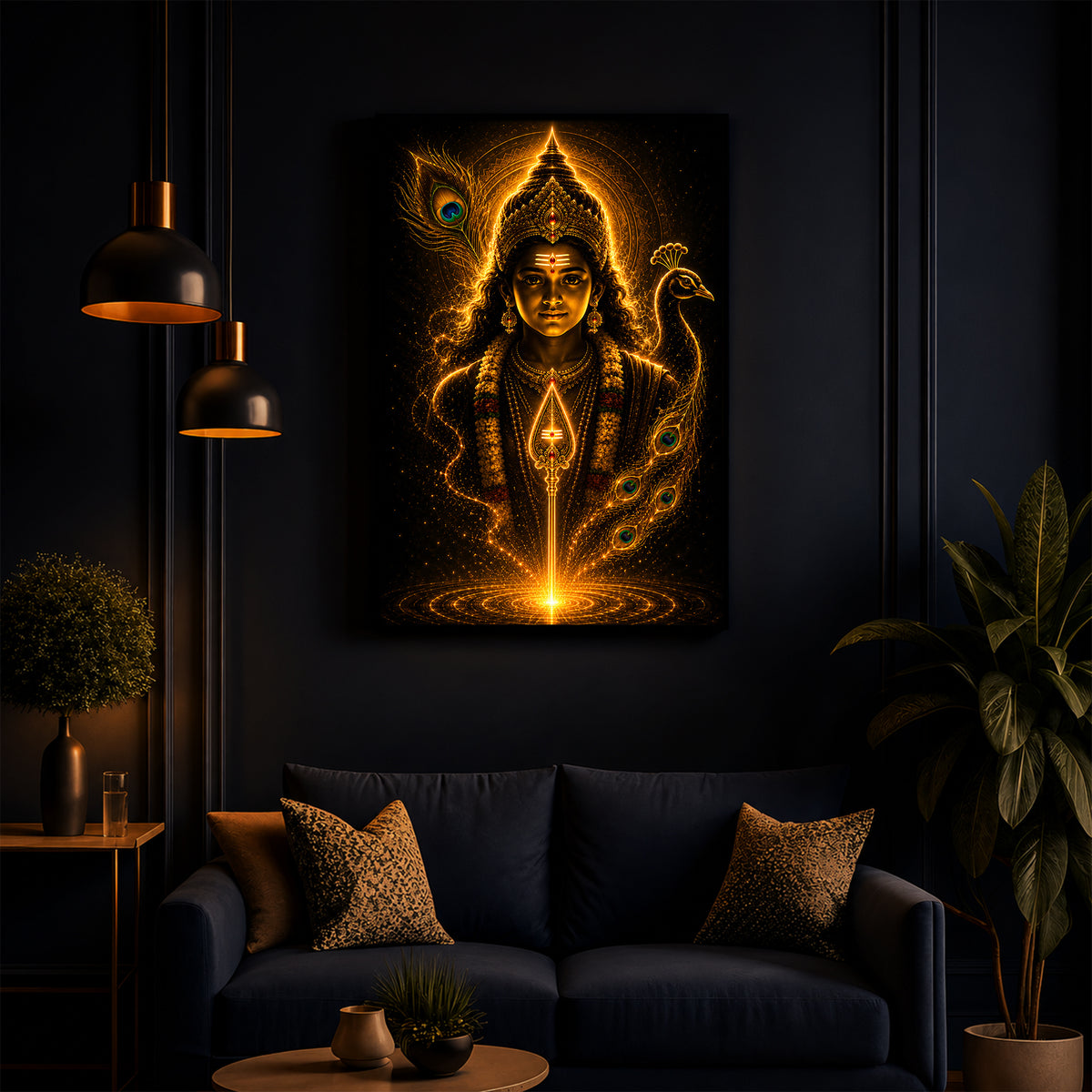 Divine Murugan With Peacock Modern Luxury Backlight Vertical Wall Art