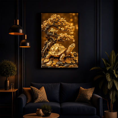 Golden Wealth Turtle Modern Luxury Backlight Vertical Wall Art