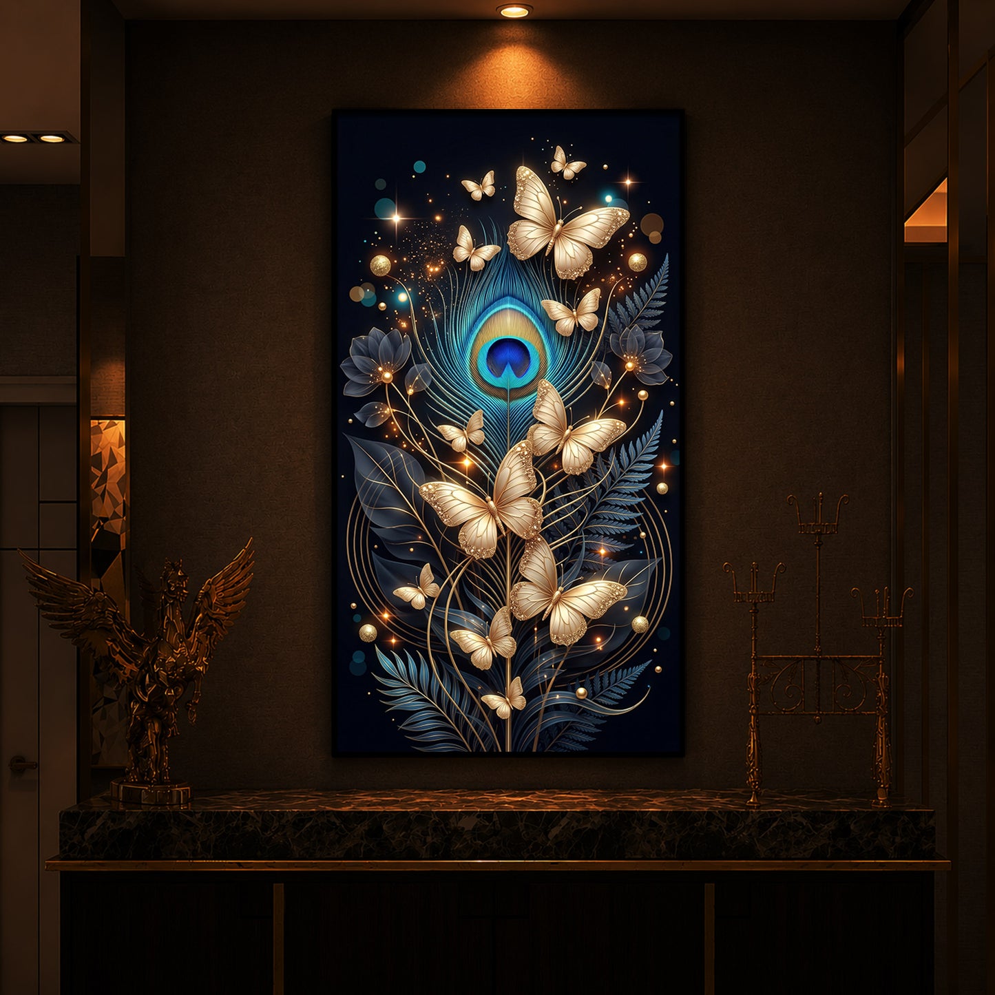 Golden Butterflies & Peacock Feather Modern Luxury Backlight Vertical Wall Art