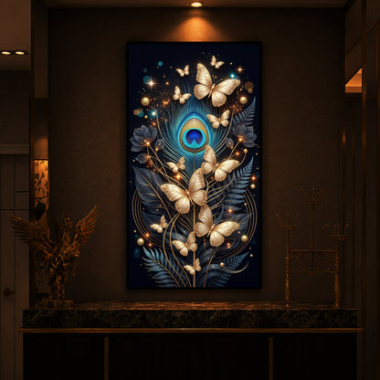 Golden Butterflies & Peacock Feather Modern Luxury Backlight Vertical Wall Art