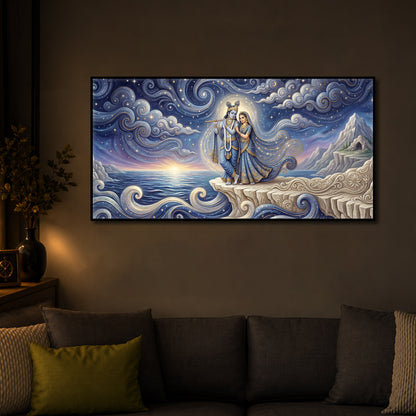 Divine Couple Radha Krishna With Flute Modern Luxury Backlight Horizontal Wall Art