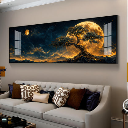 Golden Full Moon Bonsai Tree Premium Acrylic Horizontal Wall Art