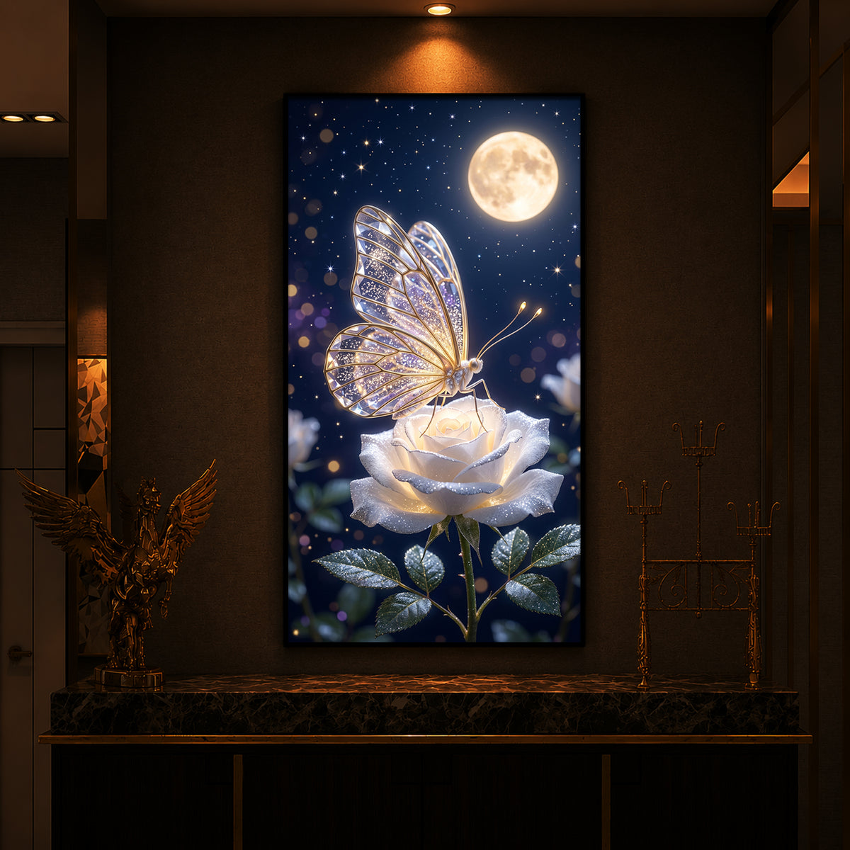 Butterfly On White Rose Modern Luxury Backlight Vertical Wall Art