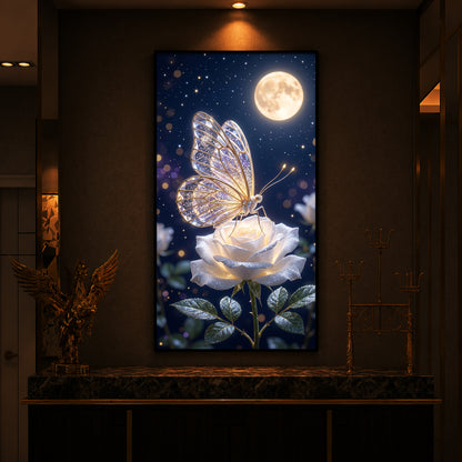 Butterfly On White Rose Modern Luxury Backlight Vertical Wall Art