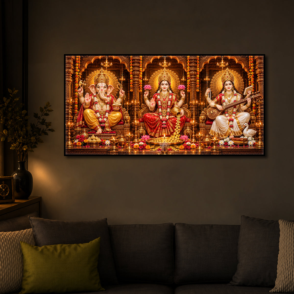 Maa Lakshmi, Lord Ganesha & Goddess Saraswati Modern Luxury Backlight Horizontal Wall Art