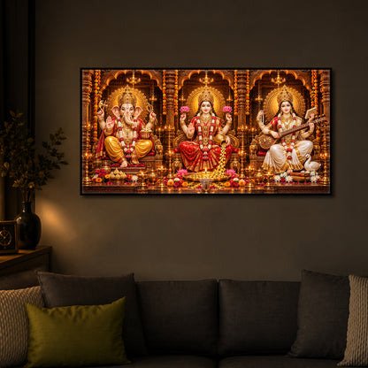 Maa Lakshmi, Lord Ganesha & Goddess Saraswati Modern Luxury Backlight Horizontal Wall Art